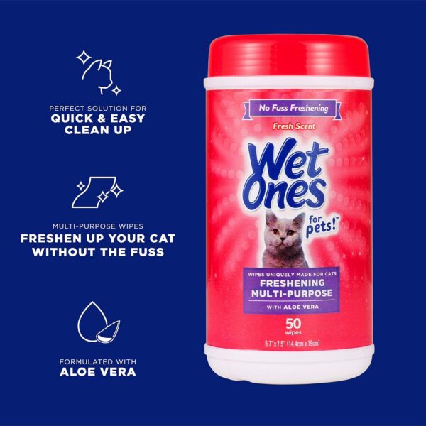 Wet Ones for Pets Freshening Multipurpose Wipes for Cats with Aloe Vera | Easy to Use Cat Cleaning Wipes, Freshening Cat Grooming Wipes for Pet Grooming in Fresh Scent | 50 ct Cannister Cat Wipes - Image 2