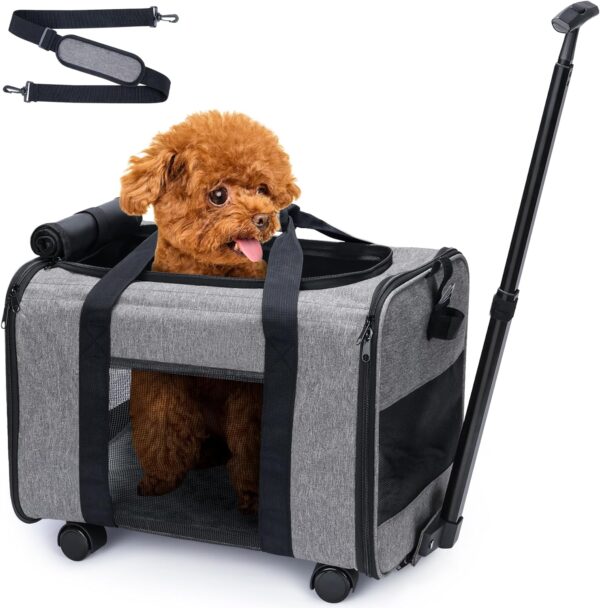 COOLBEBE Cat Dog Carrier with Upgraded Wheel, Collapsible Airline Approved Pet Carriers for Small Dogs and Cats,Soft Animal Travel Carrier Bag for Flight Outdoor Camping (Grey)