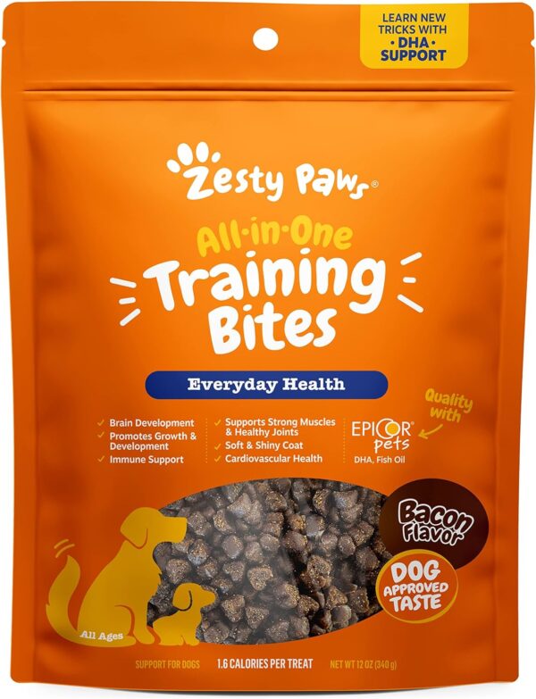 Zesty Paws Training Treats for Dogs & Puppies - Hip, Joint & Muscle Health - Immune, Brain, Heart, Skin & Coat Support - Bites with Fish Oil Omega 3 Fatty Acids with EPA & DHA - Bacon Flavor - 12oz