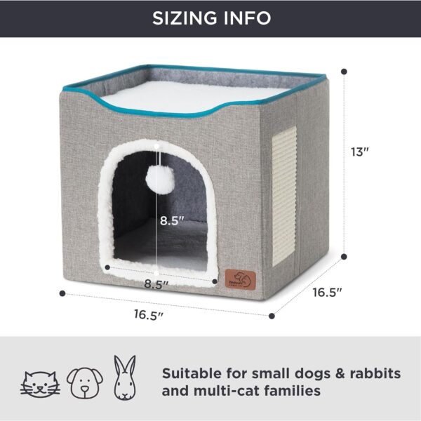 Bedsure Cat Beds for Indoor Cats - Large Cat Cave for Pet Cat House with Fluffy Ball Hanging and Scratch Pad, Foldable Cat Hideaway,16.5x16.5x13 inches, Grey - Image 6