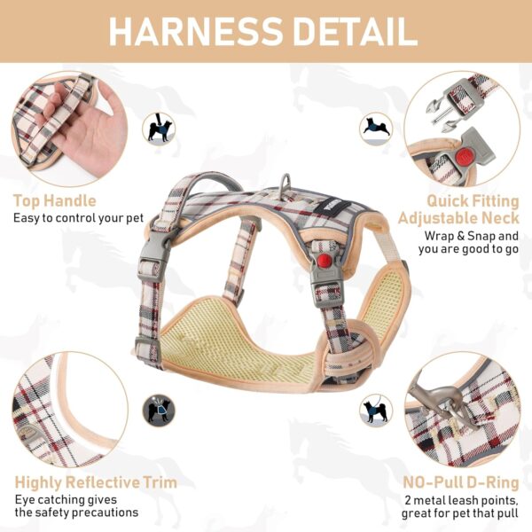 GAMUDA Dog Harness Collar and Leash Set, Dog Harness, No Chock No Pull Adjustable Vest Harnesses Plaid Reflective for Medium Dog, Cat, Small Horse, Small Bull and Pig (Beige, S) - Image 3