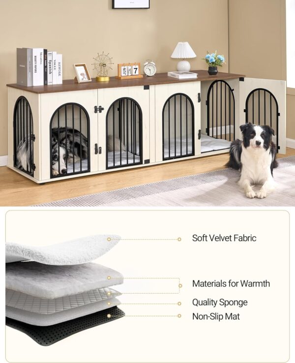 Dog Crate Furniture, 71" Heavy Duty Dog Kennels with Removable Divider, TV Cabinets, Wooden Dog Crate for 2 Dogs, with Cushion, Chew-Resistant, White and Brown DFC81914B - Image 6