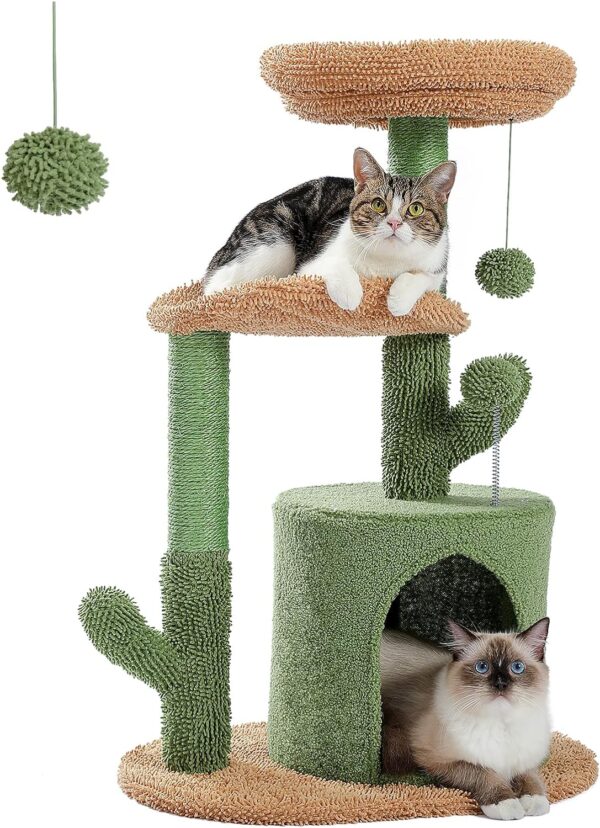 PAWZ Road Cat Tree 32 Inches Cactus Cat Tower with Sisal Covered Scratching Post, Cozy Condo, Plush Perches and Fluffy Balls for Indoor Cats