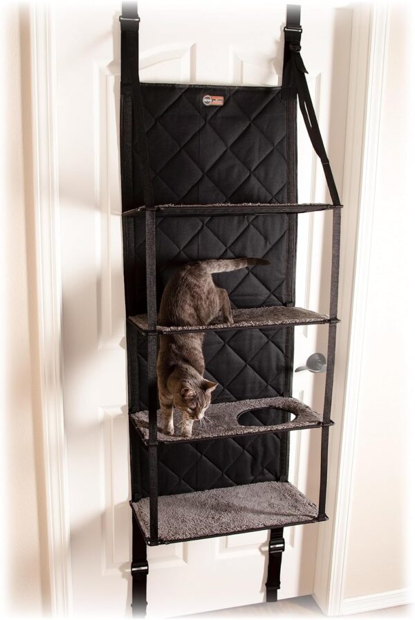 K&H PET PRODUCTS Hangin’ Cat Tree - Door Mounted Climber Cat Wall Perch Furniture Cat Hammock for Indoor, Hanging / Elevated Bed - 4 Story Gray 12 X 22 X 65 Inches