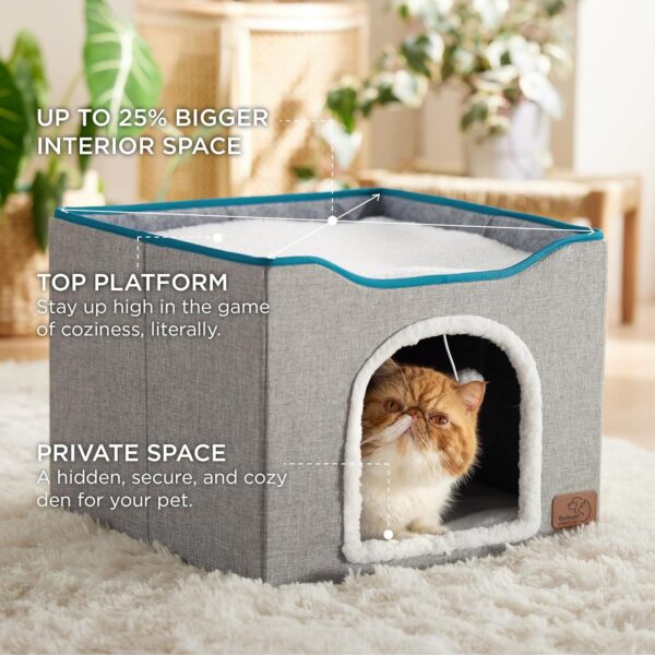 Bedsure Cat Beds for Indoor Cats - Large Cat Cave for Pet Cat House with Fluffy Ball Hanging and Scratch Pad, Foldable Cat Hideaway,16.5x16.5x13 inches, Grey - Image 2