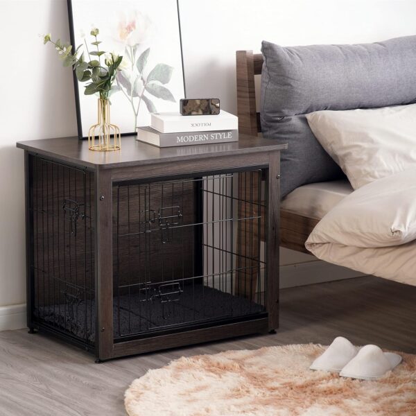 DWANTON Dog Crate Furniture with Cushion, Wooden Crate with Double Doors, Dog Kennel Indoor for Small/Medium/Large Dog, End Table, Small, 27.2" L, Dark Grey - Image 6