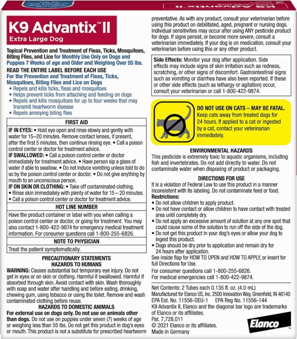 K9 Advantix II XL Dog Vet-Recommended Flea, Tick & Mosquito Treatment & Prevention | Dogs Over 55 lbs. | 2-Mo Supply - Image 2