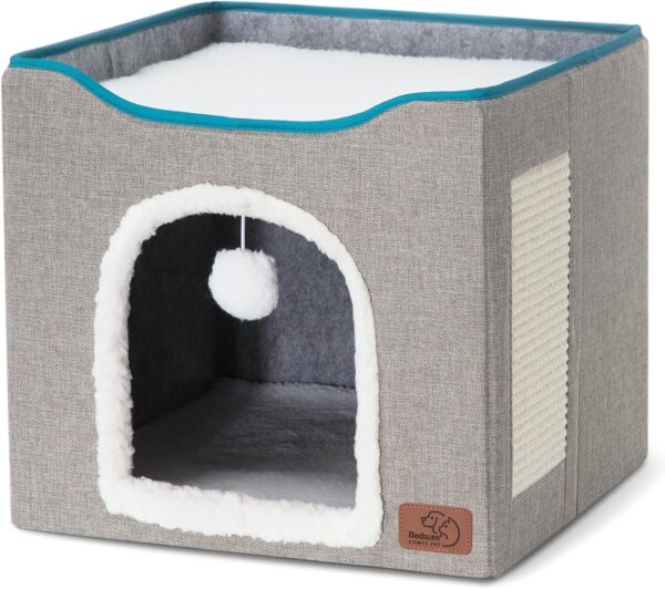 Bedsure Cat Beds for Indoor Cats - Large Cat Cave for Pet Cat House with Fluffy Ball Hanging and Scratch Pad, Foldable Cat Hideaway,16.5x16.5x13 inches, Grey - Image 7