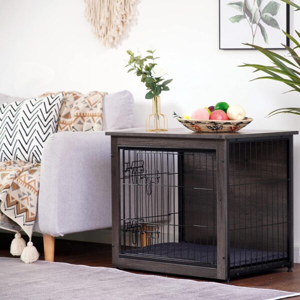 DWANTON Dog Crate Furniture with Cushion, Wooden Crate with Double Doors, Dog Kennel Indoor for Small/Medium/Large Dog, End Table, Small, 27.2" L, Dark Grey - Image 3