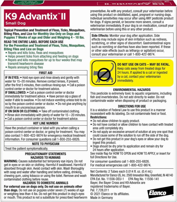 K9 Advantix II Small Dog Vet-Recommended Flea, Tick & Mosquito Treatment & Prevention | Dogs 4-10 lbs. | 2-Mo Supply - Image 2