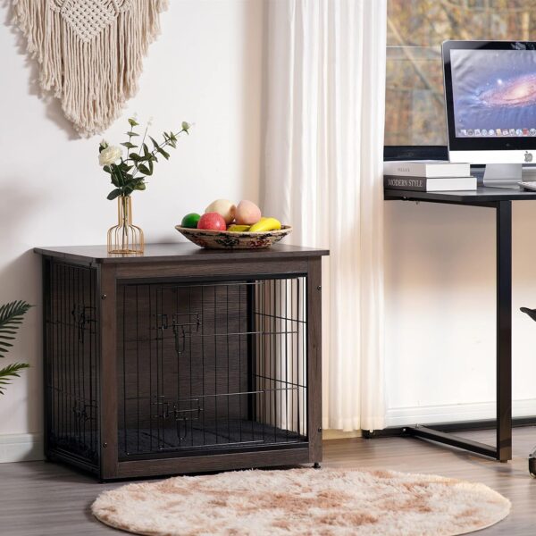 DWANTON Dog Crate Furniture with Cushion, Wooden Crate with Double Doors, Dog Kennel Indoor for Small/Medium/Large Dog, End Table, Small, 27.2" L, Dark Grey - Image 2