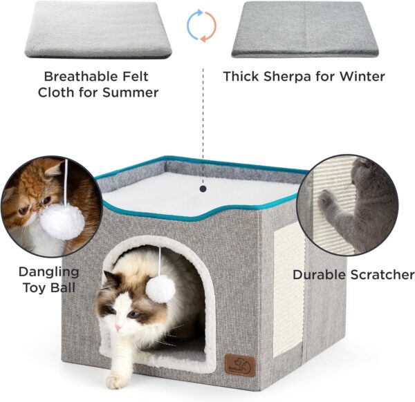 Bedsure Cat Beds for Indoor Cats - Large Cat Cave for Pet Cat House with Fluffy Ball Hanging and Scratch Pad, Foldable Cat Hideaway,16.5x16.5x13 inches, Grey - Image 3