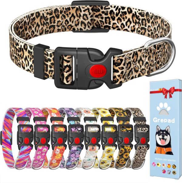 Cute Floral Dog Collar for Small Medium Large Dogs,Girl Female Dog Collars Soft Patterns Adjustable Pet Collar with Quick Release Safety Buckle for Puppy Breed Boy Dogs,Leopard,M