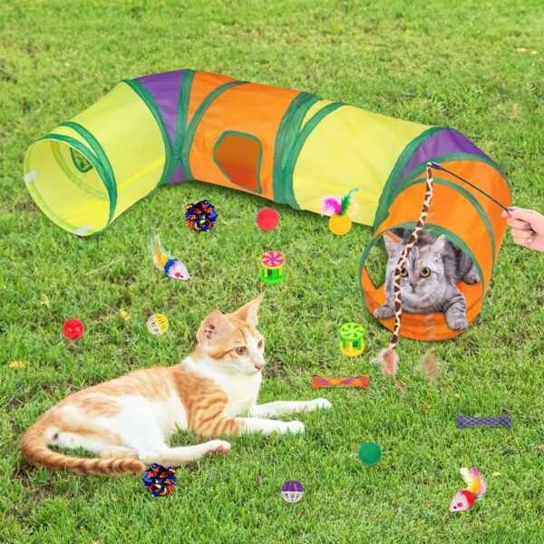 Cat Toys Bundle 33 Pcs,Cat Play Tunnel for Indoor Cats,Kitten Toys Include 2 Collapsible Cat Tunnel Tube Tent,Cat Feather Teaser Wand,Cat Bell Rainbow Ball Crinkle Toy Springs Mouse Toys Pom Pom Balls - Image 7