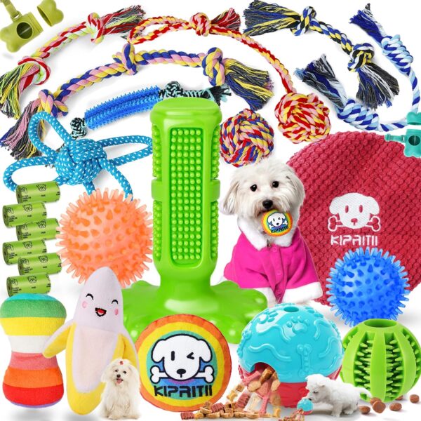 KIPRITII 25 Pack Dog Chew Toys for Puppy - Puppy Teething Chew Toys for Boredom, Pet Dog Toothbrush Chew Toys with Rope Toys, Treat Balls and Dog Squeaky Toy for Puppy and Small Dogs