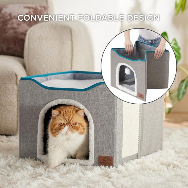 Bedsure Cat Beds for Indoor Cats - Large Cat Cave for Pet Cat House with Fluffy Ball Hanging and Scratch Pad, Foldable Cat Hideaway,16.5x16.5x13 inches, Grey - Image 4