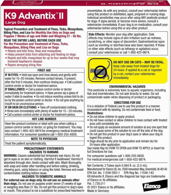 K9 Advantix II Large Dog Vet-Recommended Flea, Tick & Mosquito Treatment & Prevention | Dogs 21-55 lbs. | 2-Mo Supply - Image 2