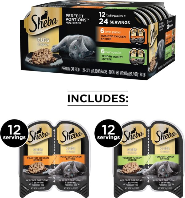 SHEBA Perfect Portions Cuts in Gravy Wet Cat Food Trays (12 Count, 24 Servings), Roasted Chicken and Tender Turkey Entrée, Easy Peel Twin-Pack Trays - Image 2