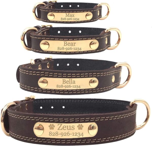 Personalized Dog Collar - Engraved Soft Leather - Custom Small Medium or Large Size with Name Plate (Large, Brown)