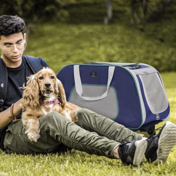 A 4 Pet Dog Carrier with Wheels,Foldable Rolling Pet Carrier Up to 33 LBS with Removable Base, Extendable Handle & 4-Wheels Design, Mesh Ventilation Windows and Safety Rope,Navy Blue - Image 2