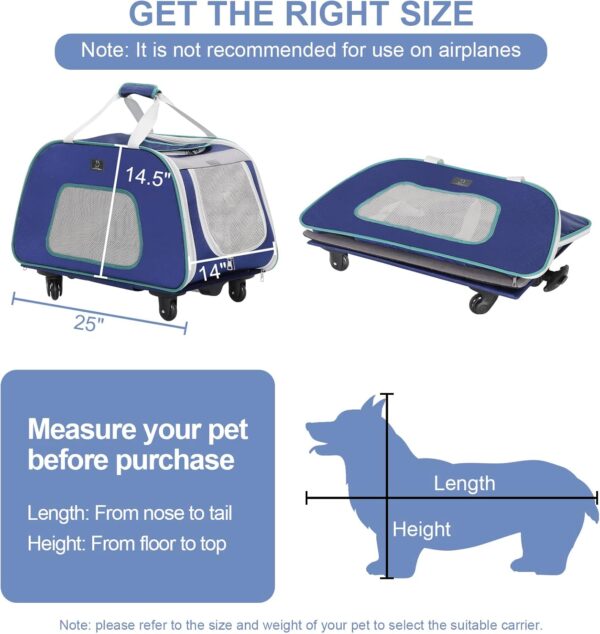 A 4 Pet Dog Carrier with Wheels,Foldable Rolling Pet Carrier Up to 33 LBS with Removable Base, Extendable Handle & 4-Wheels Design, Mesh Ventilation Windows and Safety Rope,Navy Blue - Image 3