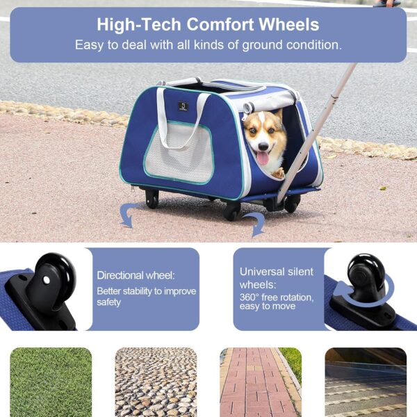 A 4 Pet Dog Carrier with Wheels,Foldable Rolling Pet Carrier Up to 33 LBS with Removable Base, Extendable Handle & 4-Wheels Design, Mesh Ventilation Windows and Safety Rope,Navy Blue - Image 7