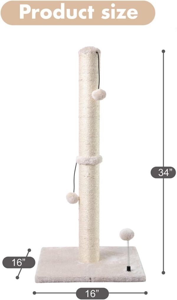 34” Tall Cat Scratching Post Premium Basics Kitten Scratcher Sisal Scratch Posts Trees with Hanging Ball for Indoor Cats (34 inches for Adult Cats, Beige) - Image 4