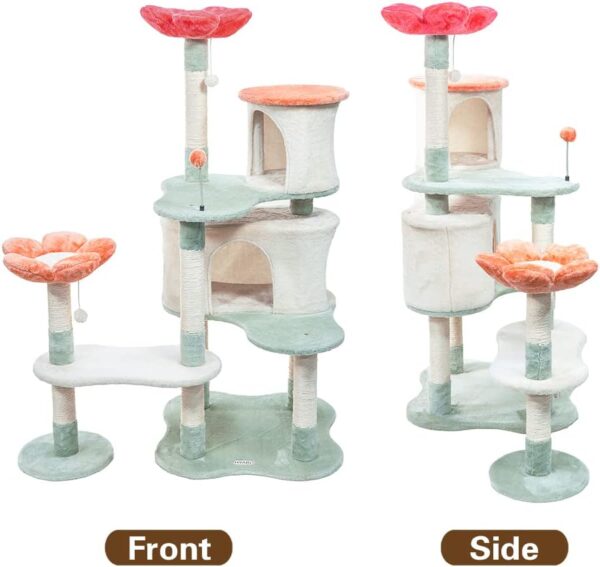 HYABi 56.3in Flower Collapsible Cat Tree Tower Condo Furniture Apartment Plush Habitat Kitten Amusement Platform with Scratch Posts Toy Ball Pet House Play (Large 56.3" H) - Image 4