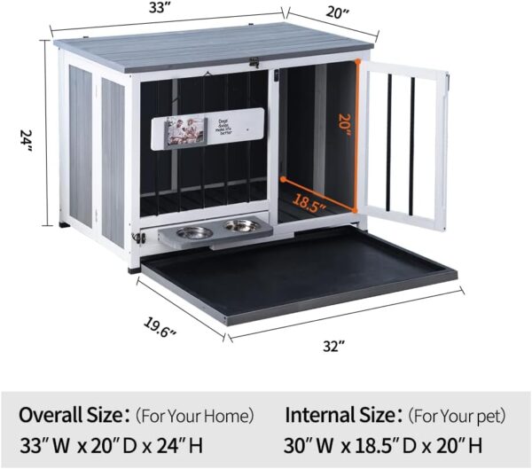 Wooden Dog Crate Furniture - Dog Kennel Pet House End Table, Solid Wood Portable Foldable Indoor Cage for Dogs, No Assembly Needed, 360°Rotatable Dog Bowls (Medium:31.8L x 22.1W x 24.1H) - Image 6