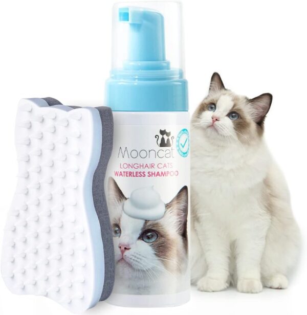 Mooncat Waterless Cat Shampoo and Brush Kit - No Rinse Foam Bath for Long Hair Cats - Grooming for Sensitive Skin, Detangling, Paraben-Free, pH Balanced - Licking Safe (5 oz)