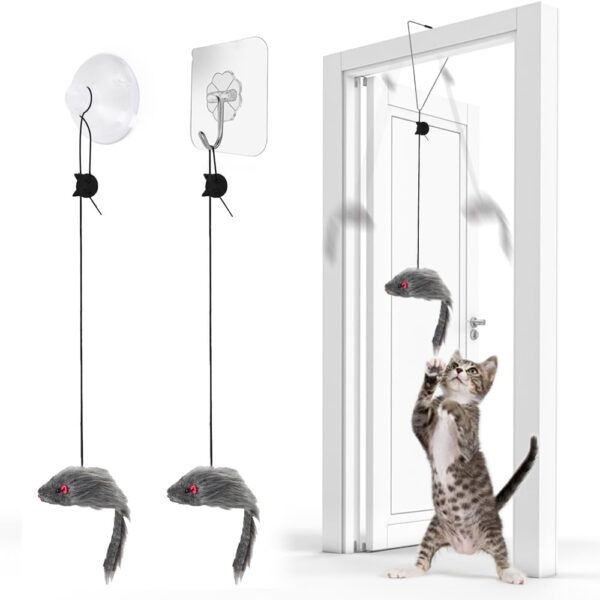 FYNIGO 2 Pcs Self Play Hanging Door Cat Mouse Toys for Bored Indoor Adult Cats Kitten,Interactive Cat Mice Toys for Hunting Exercising Eliminating Boredom, for All Breeds