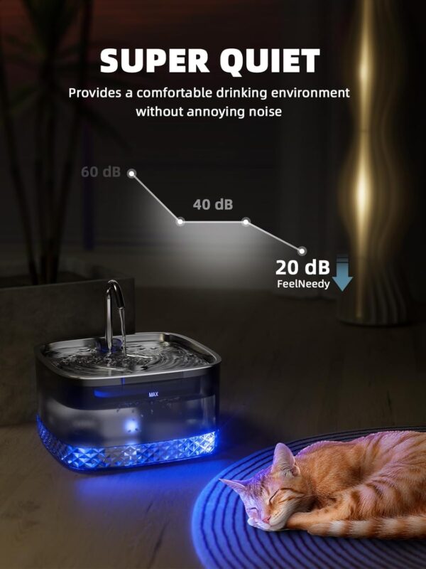 Cat Water Fountain: 75oz/2.2L Automatic Pet Water Dispenser for Cats, 304 Stainless Steel Faucet & Lid Cat Water Bowl Dispenser, Super Silent Pet Water Fountain for Cats Inside, Pump with LED Light - Image 3