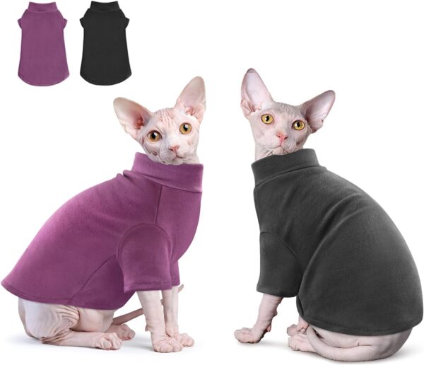 Idepet Sphynx Cats Sweater 2 Pack,Turtleneck Hairless Cat Shirt Soft and Warm Kitten Clothes with Sleeves Pullover Pet Winter Pajamas Jumpsuit for Cat Puppy (Black&Purple, Large)