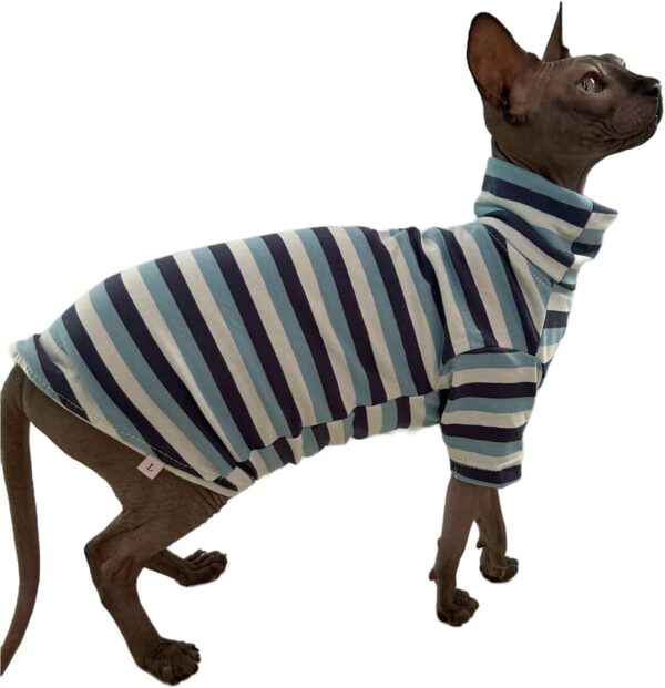 Vintage Stripes Sphynx Hairless Cats Shirt Cotton Cat Turtleneck Pet Clothes Kitten T-Shirts with Sleeves for Sphynx Cornish Rex, Devon Rex, Peterbald (Cloud Sea Land, Medium (Pack of 1)) - Image 2