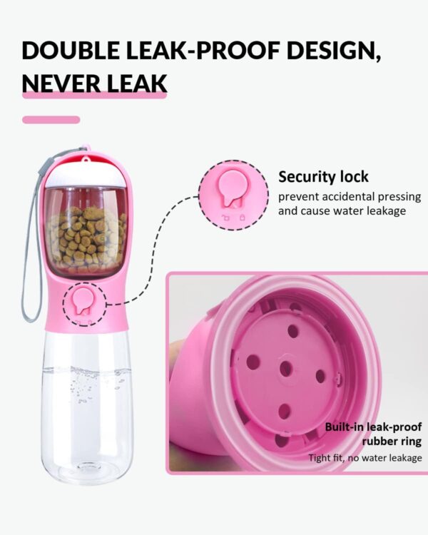 Dog Water Bottle, 2 in 1, Leak Proof Portable Pet Water Bottle with Food Container, Outdoor Portable Water Dispenser for Dog, Puppy Supply for Walking, Hiking, Camping, Travel (19oz Pink) - Image 5