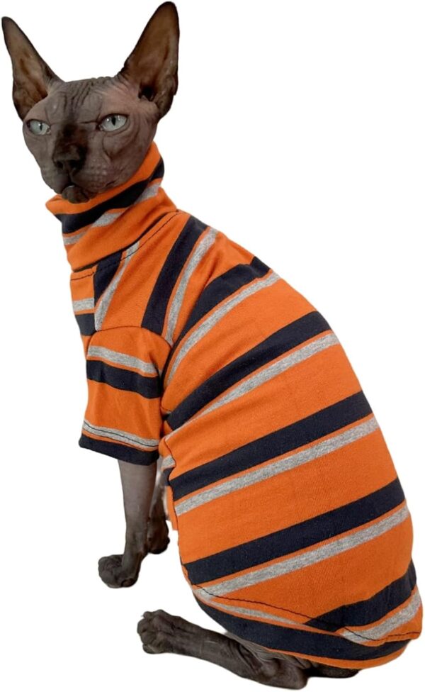 Vintage Stripes Sphynx Hairless Cats Shirt Cotton Cat Turtleneck Pet Clothes Kitten T-Shirts with Sleeves for Sphynx Cats (Orange, X-Large) - Image 3