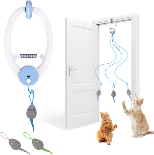 Cat Toy Interactive for Indoor Cats, Smart USB Rechargeable Door Hanging Automatic Retractable Kitten Toys, Teaser Electronic Self Play Feather Cat String Toys Attached with 3 Catnip Mice White