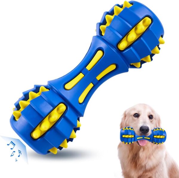 AUSCAT Dog Squeaky Toys for Aggressive Chewers, Almost Indestructible Squeaky Toys for Dogs, Teething Chew Toys for Large Medium Breed, Durable Rubber Dog Toy, Dumbbell Shape, Blue