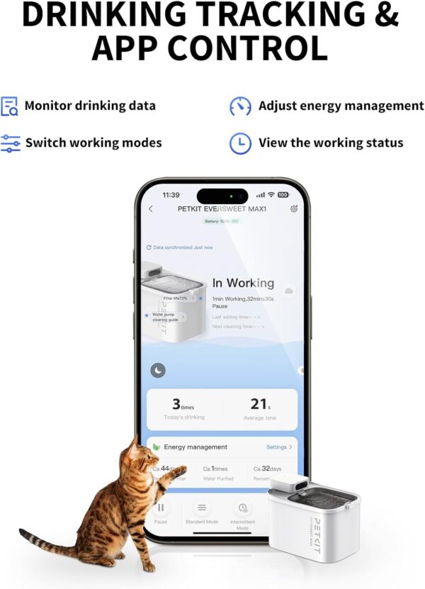 PETKIT EVERSWEET MAX Cordless Cat Water Fountain, 105 fl oz/3L Pet Water Fountain for Cats Dogs Inside, Automatic Cat Water Dispenser with Replacement Filter, App Control - Image 4