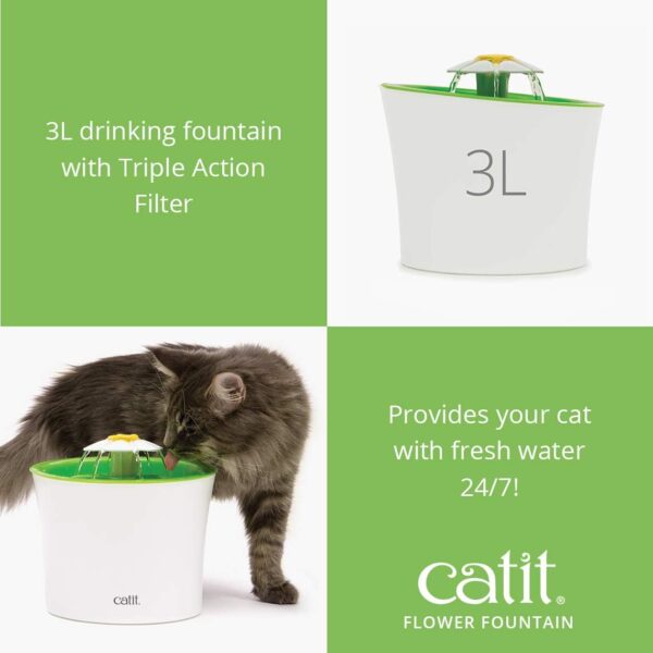 Catit Flower Fountain with Triple Action Filter, Cat Drinking Water Fountain, 3 L, Green - Image 3