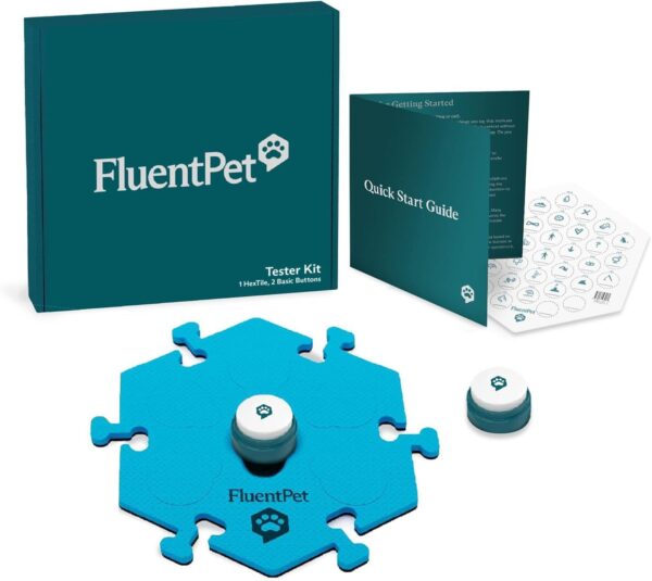 FluentPet Basic Tester Kit - Set of 2 Basic Buttons with Batteries Included for Dogs & Cats and 1 HexTile - Customizable Cat & Dog Training Buttons for Communication - Talking Button Gift Set