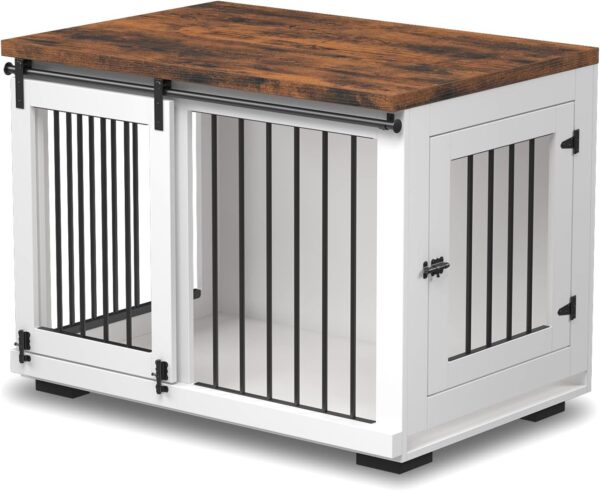 Dog Crate Furniture for Large Dogs Up to 60 lbs. - Barn Door Puppy Kennel w/Thickened Farmhouse Top & Metal Bars - 37'' Wide - White Decorative Modern Dog Crate Table, End Table, Nightstand