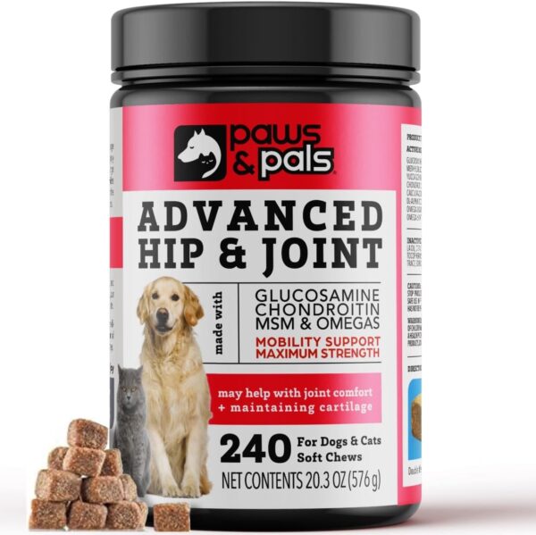 Paws & Pals Glucosamine Chondroitin MSM for dogs 240 Count, Hip and Joint Mobility Soft Chews Supplement, Pain & Inflammation Relief for all breeds - Maximum Strength, Treats Hip Dysplasia & Arthritis