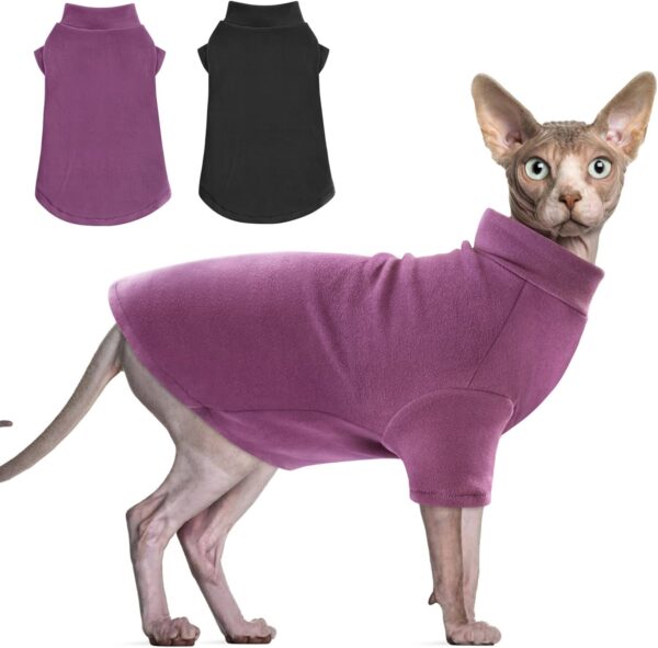 Idepet Sphynx Cats Sweater 2 Pack,Turtleneck Hairless Cat Shirt Soft and Warm Kitten Clothes with Sleeves Pullover Pet Winter Pajamas Jumpsuit for Cat Puppy (Black&Purple, Large) - Image 6