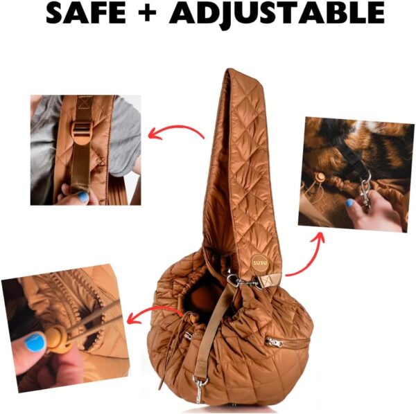 Pet Sling Carrier Bag for Cats and Small Dogs, Hands-Free, cat sling cat carrier soft, Fits upto 10lbs Adjustable Strap, safety belt and drawstrings. Storage Zipped Pockets (Camel Brown) - Image 4