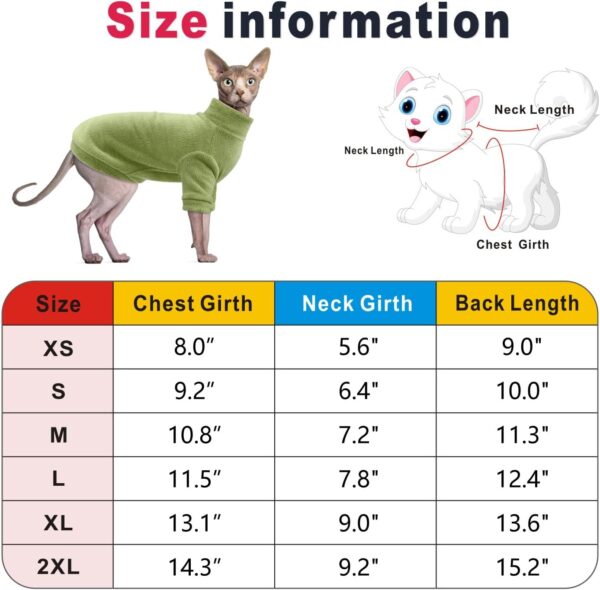 Idepet Sphynx Cats Clothes Winter,Hairless Cat Turtleneck Sweater Soft Coral Fleece Outfit Coat Warm Shirt Kitten Apparel with Sleeves Pullover Pet Winter Pajamas Jumpsuit (Green, Small) - Image 2