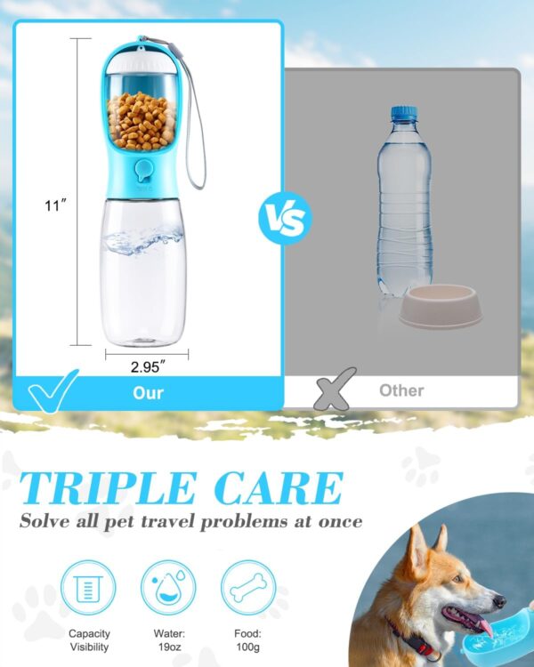 Dog Water Bottle, 2 in 1, Leak Proof Portable Pet Water Bottle with Food Container, Outdoor Portable Water Dispenser for Dog, Puppy Supply for Walking, Hiking, Camping, Travel (19oz Blue) - Image 2