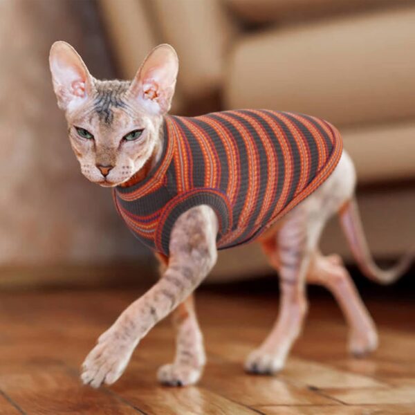 Sphynx Hairless Cats Shirt Puppy Clothes Soft Cotton T-Shirts Cute Cats Pajamas Cat Stripes Vest Pet Clothes, Round Collar Vest Kitten Shirts(Red Stripes, S) - Image 7