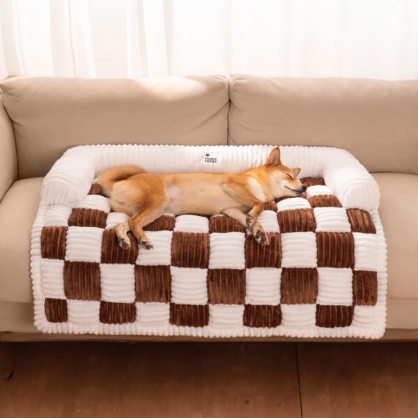 FUNNYFUZZY Pet Couch Covers for Sofa, Dog Couch Cover Fuzzy Sofa Cover Cream Square Plaid Cozy Dog Mat Furniture Protector Cover, Brown, Small - Image 2