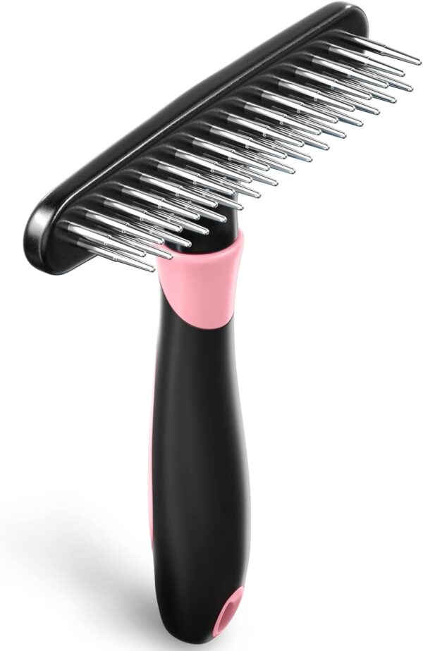 Dog rake deshedding dematting Brush Comb - Undercoat rake for Dogs, Cats, matted, Short,Long Hair Coats - Brush for Shedding, Double Row Stainless Steel pins - Reduce Shedding by 90% (Pink)